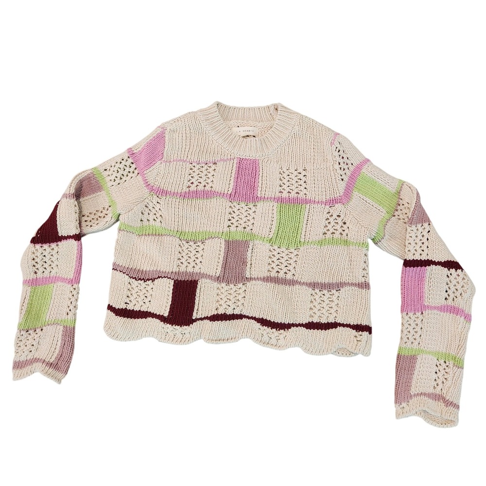 LA Hearts Patchwork Sweater Womens XS Multicolor Excellent Scallop Knit Cotton